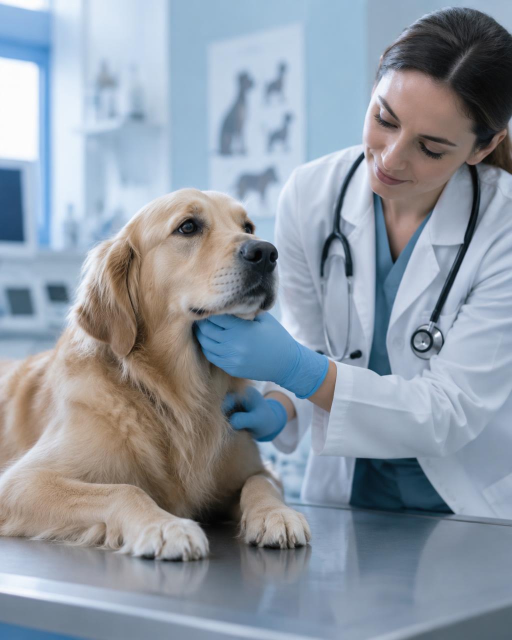 Médica veterinária examinando um cachorro